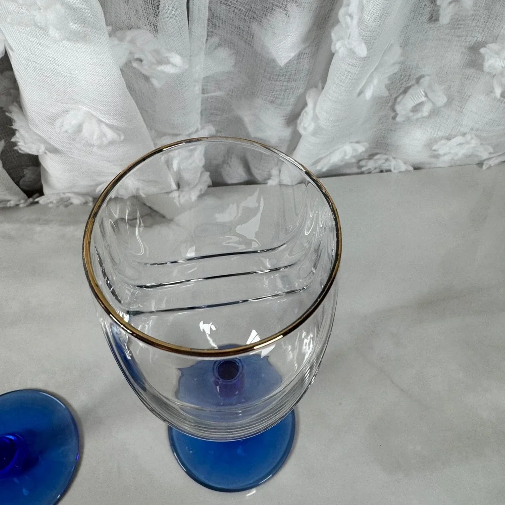 Lenox Swag Drape Cobalt Blue‎ Stem Wine Glass Goblet Set of 2 Gold Rim